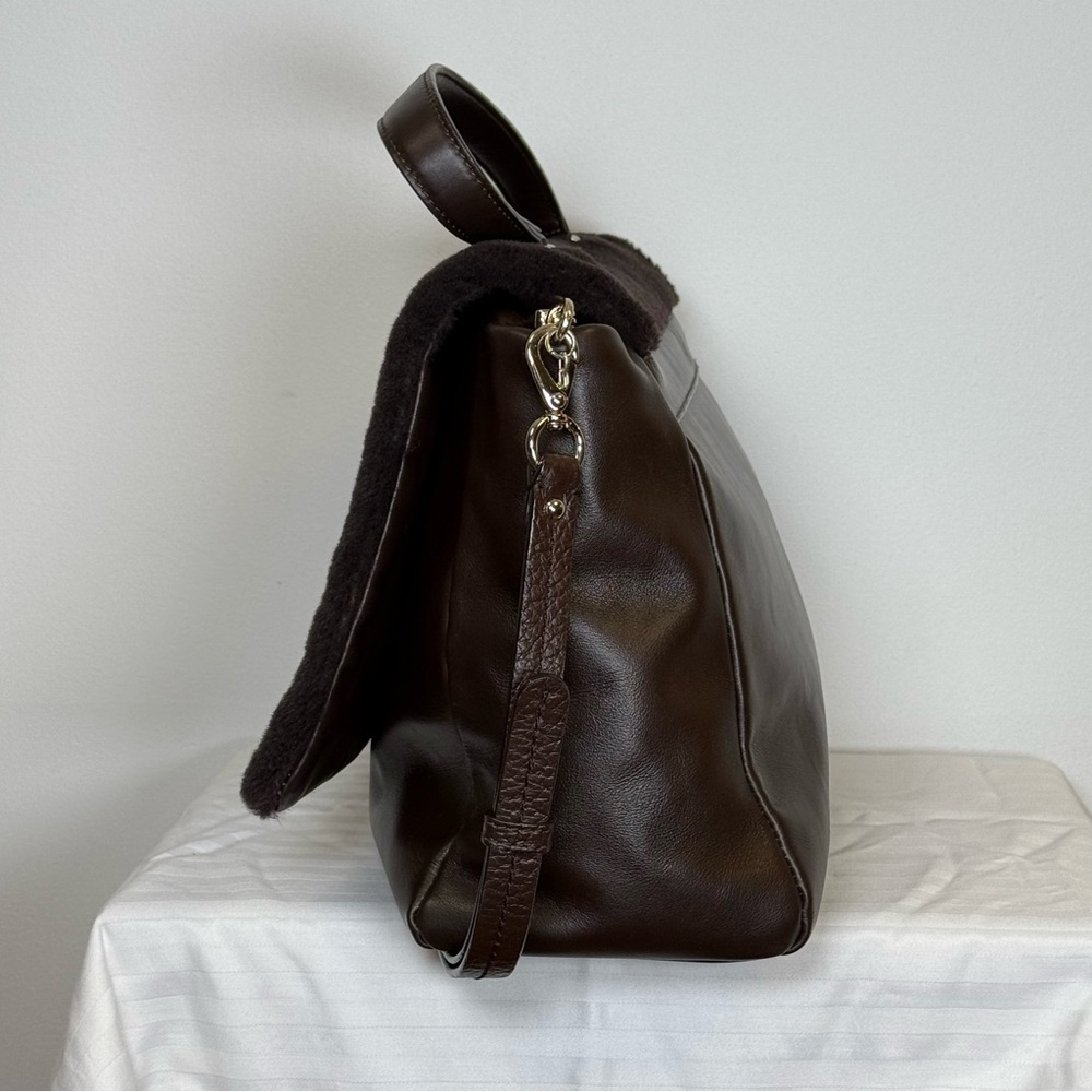 Varriale Italian Dark Brown Leather And Shearling Messenger Bag Adjustable Strap - Picture 4 of 16